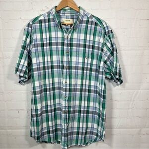 Eddie Bauer Plaid Button Up Shirt Mens Size XL Blue Green Colorful Outdoor